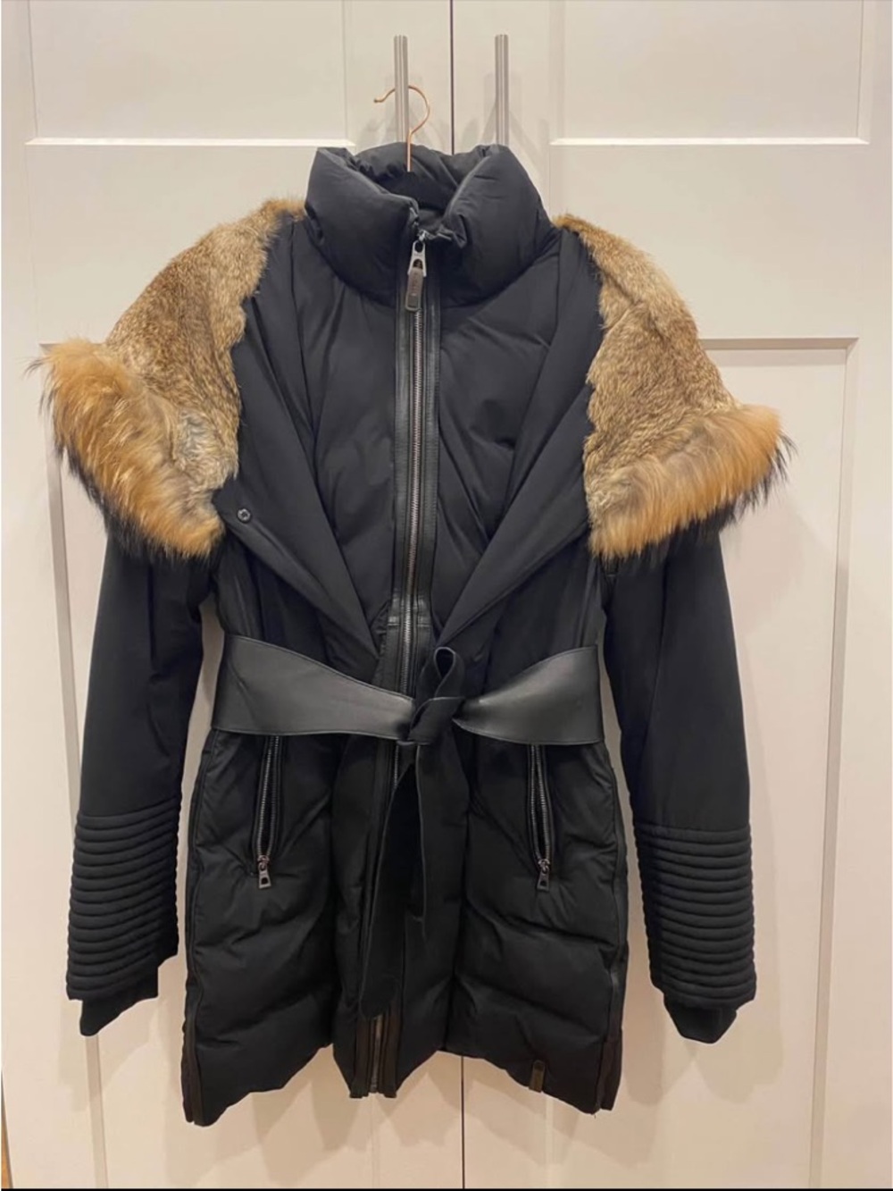 RUDSAK Black Down Puffer Coat with Tan Faux Fur Trim - Picture 2 of 4